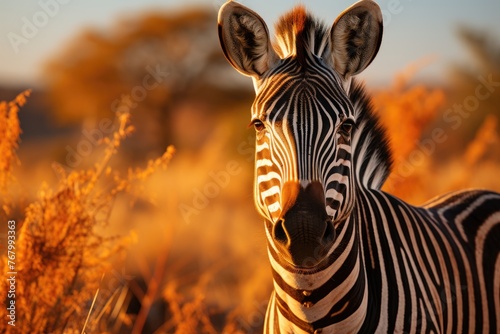 Zebra warns in the sunset at sunset.  generative IA