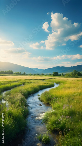 Photo real for Peaceful meadow with a babbling brook under the summer sky in Summer Season theme ,Full depth of field, clean bright tone, high quality ,include copy space, No noise, creative idea