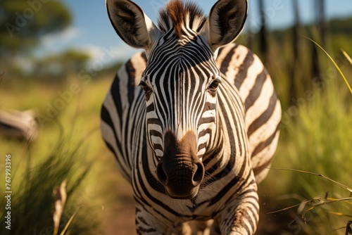 Zebra running fast in the savannah.  generative IA