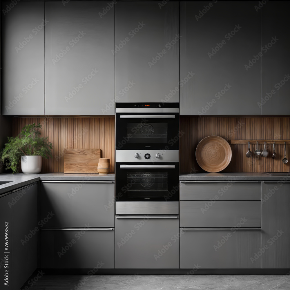 Fototapeta premium Dark grey minimalist kitchen set with appliances and shelves, front view. Grey luxury kitchen with oven and backlight, grey floor,