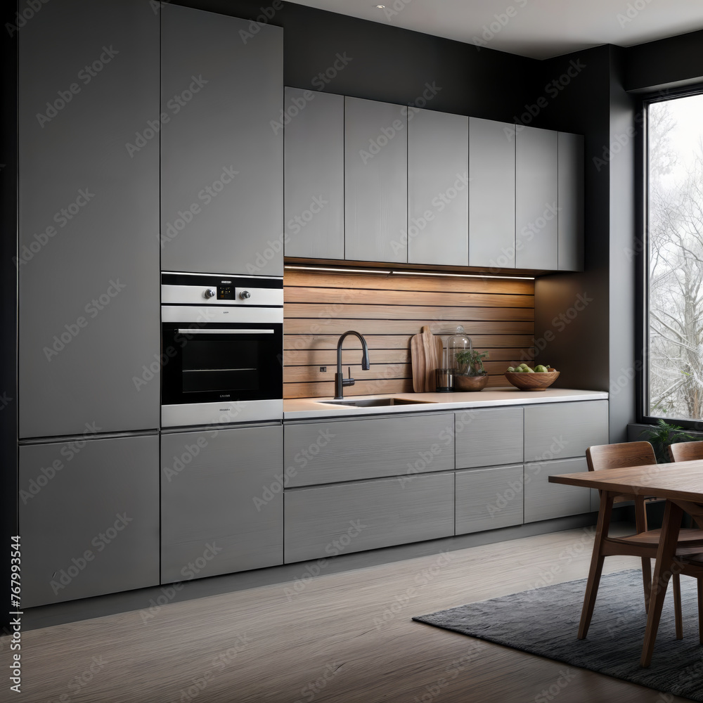 Dark grey minimalist kitchen set with appliances and shelves, front view. Grey luxury kitchen with oven and backlight, grey floor, Dark grey minimalist kitchen set with appliances and shelves, front view. Grey luxury kitchen with oven and backlight, grey floor,