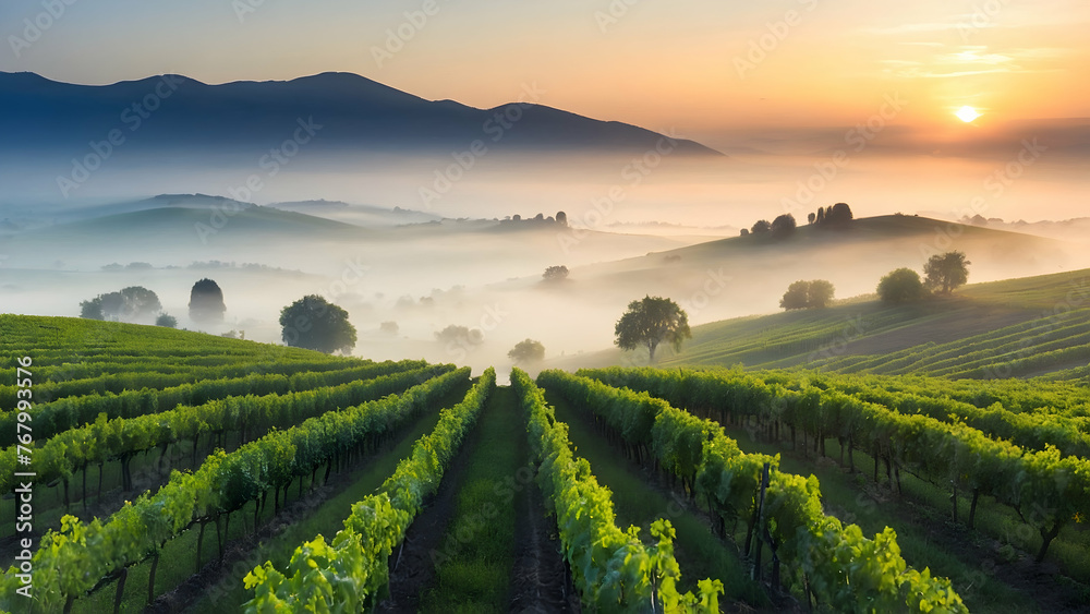 Photo real for Rolling vineyards at sunrise with morning mist in Summer Season theme ,Full depth of field, clean bright tone, high quality ,include copy space, No noise, creative idea