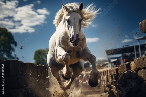 Horse jumping with grace on the equestrian track., generative IA © JONATAS
