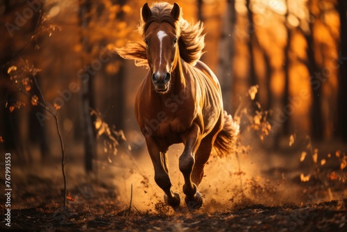 Horse troting in surrounded by sunset., generative IA