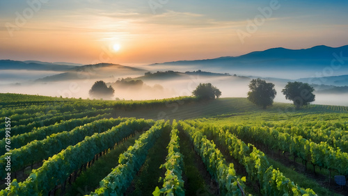 Photo real for Rolling vineyards at sunrise with morning mist in Summer Season theme ,Full depth of field, clean bright tone, high quality ,include copy space, No noise, creative idea