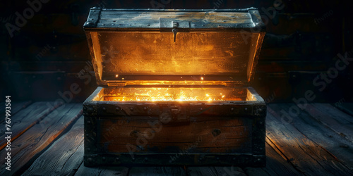 A wooden chest with Glowing gold light, open Treasure Chest, 
