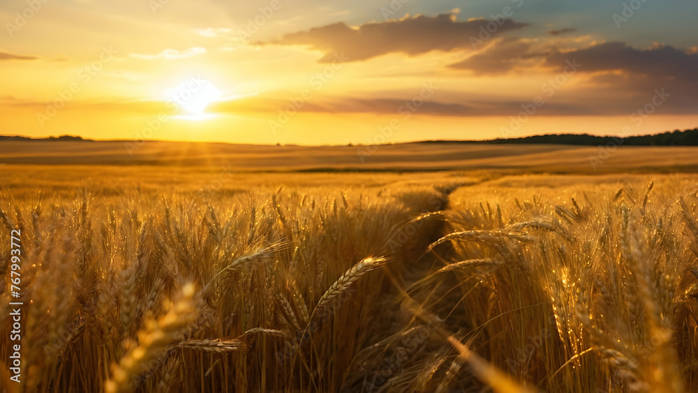 Photo real for Sun setting behind a field of golden barley in Summer Season theme ,Full depth of field, clean bright tone, high quality ,include copy space, No noise, creative idea