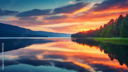 Photo real for Serene lake reflecting the vibrant colors of a summer sunset in Summer Season theme  Full depth of field  clean bright tone  high quality  include copy space  No noise  creative idea