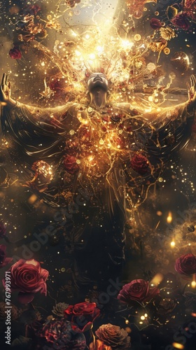King walking on roses of lights - The king stands with open arms, surrounded by flowing dust, transparent liquids, smoke and metallic paint splashes created with Generative AI Technology © Sentoriak