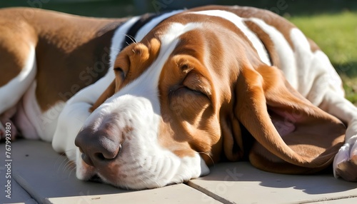 A Sleepy Basset Hound Napping In The Sun