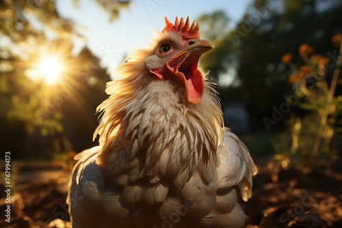 Chicken stretching wings in the sun., generative IA