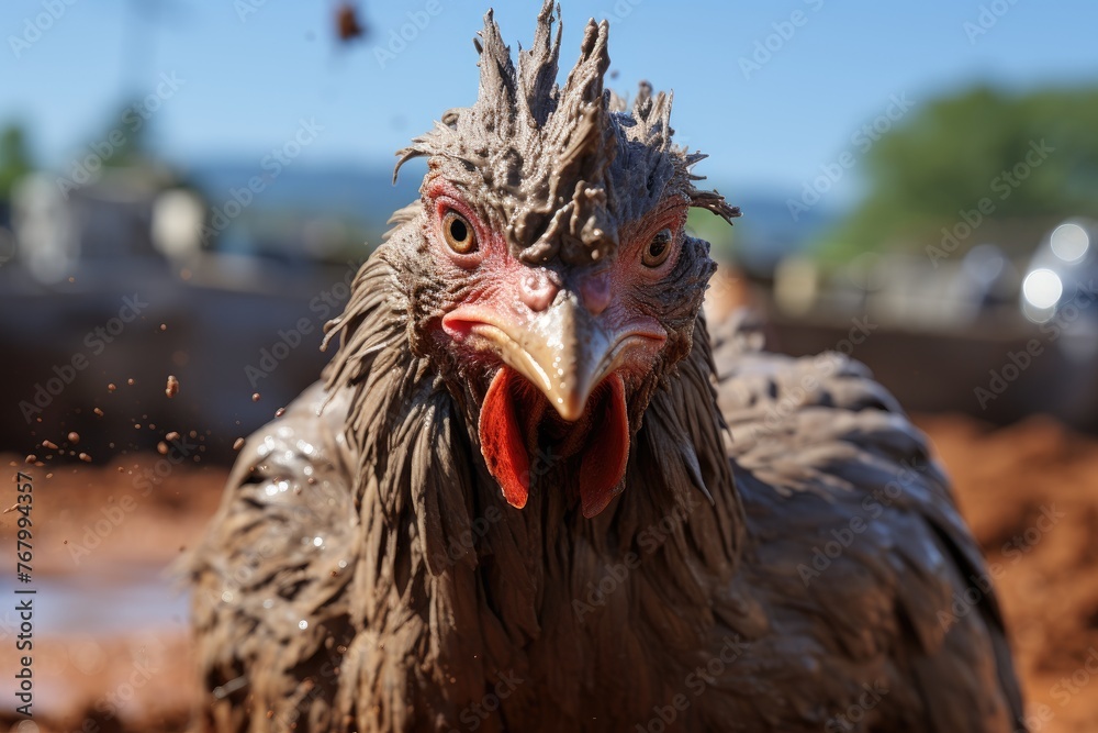 Chicken cools in the mud under the heat., generative IA Chicken cools in the mud under the heat., generative IA