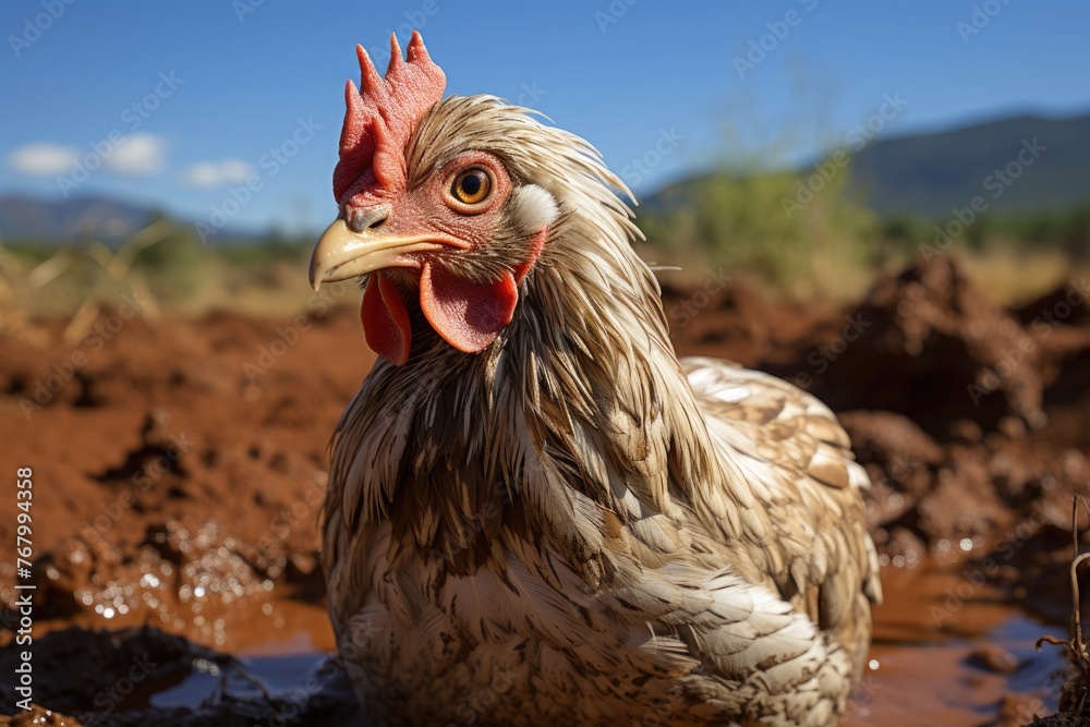 Chicken cools in the mud under the heat., generative IA
