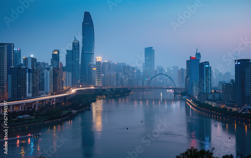 Sunset river scene in first-tier cities in China,created with Generative AI tecnology. © henvryfo