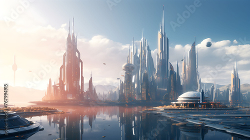 A futuristic city skyline dominated by advanced industrial structures and skyscrapers.