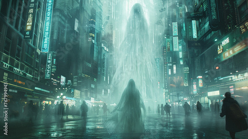 A scene with a ghostly banshee wandering through the hologram-filled streets of a future city her eerie wails echoing between the advanced structures © MIA Studio