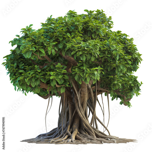 Banyan tree PNG transparent background, green lush with aerial roots, Generative Ai 