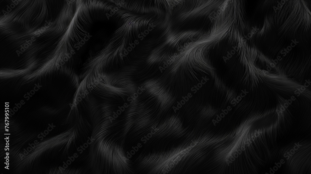 Luxurious black fur texture with detailed hair strands creating a soft, flowing pattern. - obrazy, fototapety, plakaty 