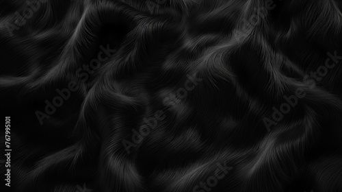 Luxurious black fur texture with detailed hair strands creating a soft, flowing pattern.