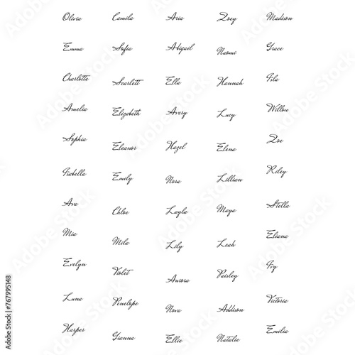 A set of fictitious autographs, a handwritten fake signature. Isolated on a transparent background, vector illustration. women's names