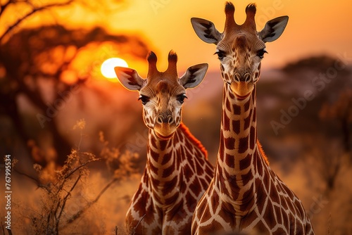 Giraffes giraffes in the savannah at sunset., generative IA © JONATAS