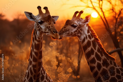 Sweet giraffes hug under the African sun., generative IA