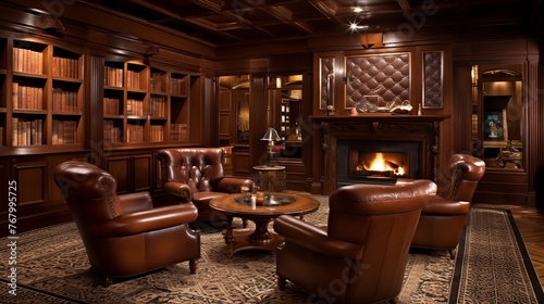 Luxurious residential cigar lounge with rich wood built-ins, Spanish-inspired tilework, and leather club chairs