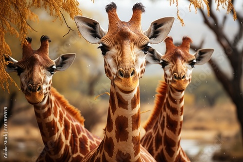 Giraffes are sheltered under rain tree., generative IA photo