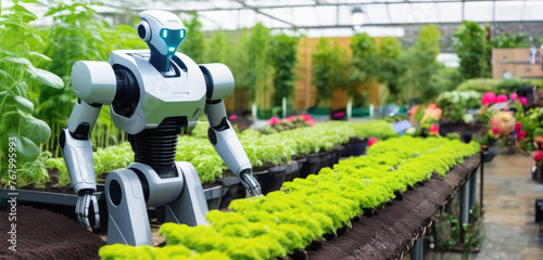 High-tech robot designed to perform agricultural tasks tending a garden bed in a greenhouse with space for text. Plant care, farming techniques, advanced technologies