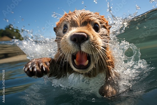 Navy otter diving and playing in the sea., generative IA © JONATAS