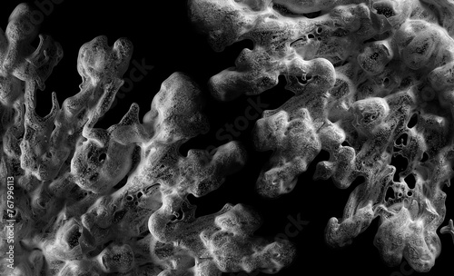 3d render abstract art parts of surreal monochrome blossom alien flower or round explosive smoke structure based on small balls spheres sand particles in white black color on isolated black background