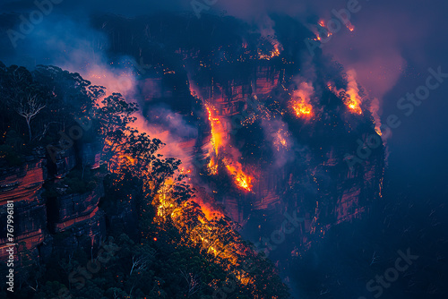 forest natural disaster. wild fire on mountains by night. flames, fume and ashes. devastated vegetation.