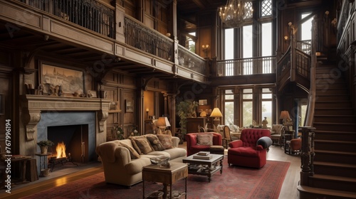 Majestic two-story wood-paneled library with balconies, fireplace, and rolling ladders