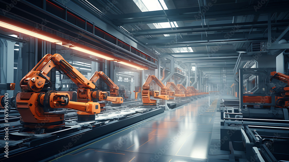 A high-tech manufacturing facility filled with precision robotic arms and conveyor belts.