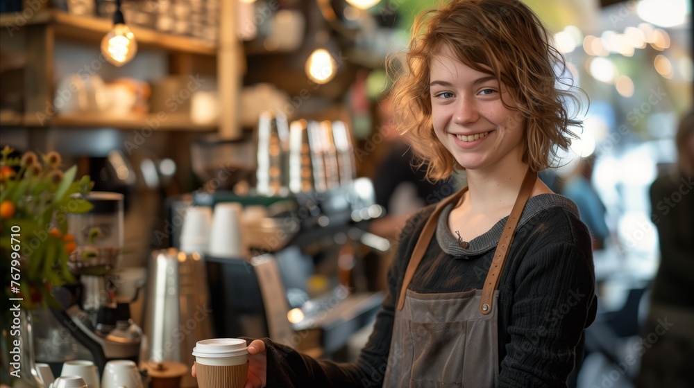 Friendly barista offering coffee with a warm smile