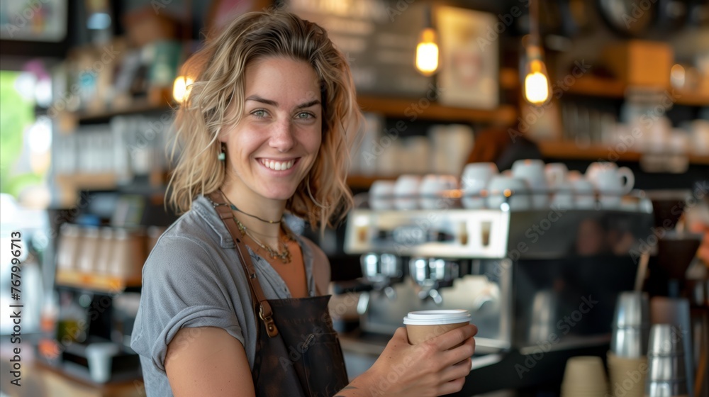 Young female barista serving coffee in a cozy cafe