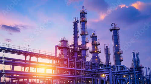 Industrial Dawn: Oil Refinery Aglow with Sunrise Ambience