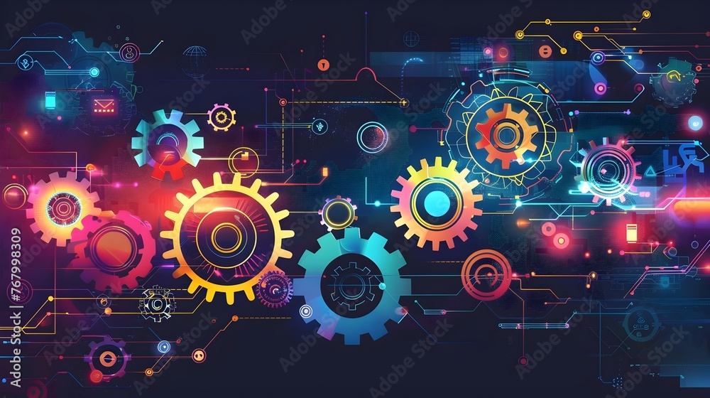 Obraz premium Vibrant Interconnected Gears Illustrate Complex Economic Synergies and Interdependencies in a Dynamic Infographic Visualization