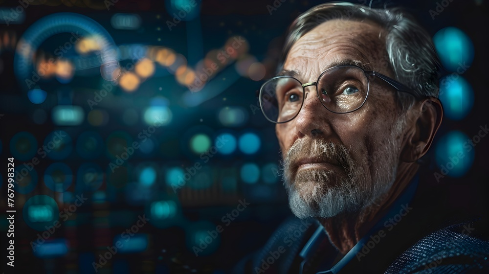 Visionary Economist with Thoughtful Expression and Economic Symbols Visionary Economist with Thoughtful Expression and Economic Symbols