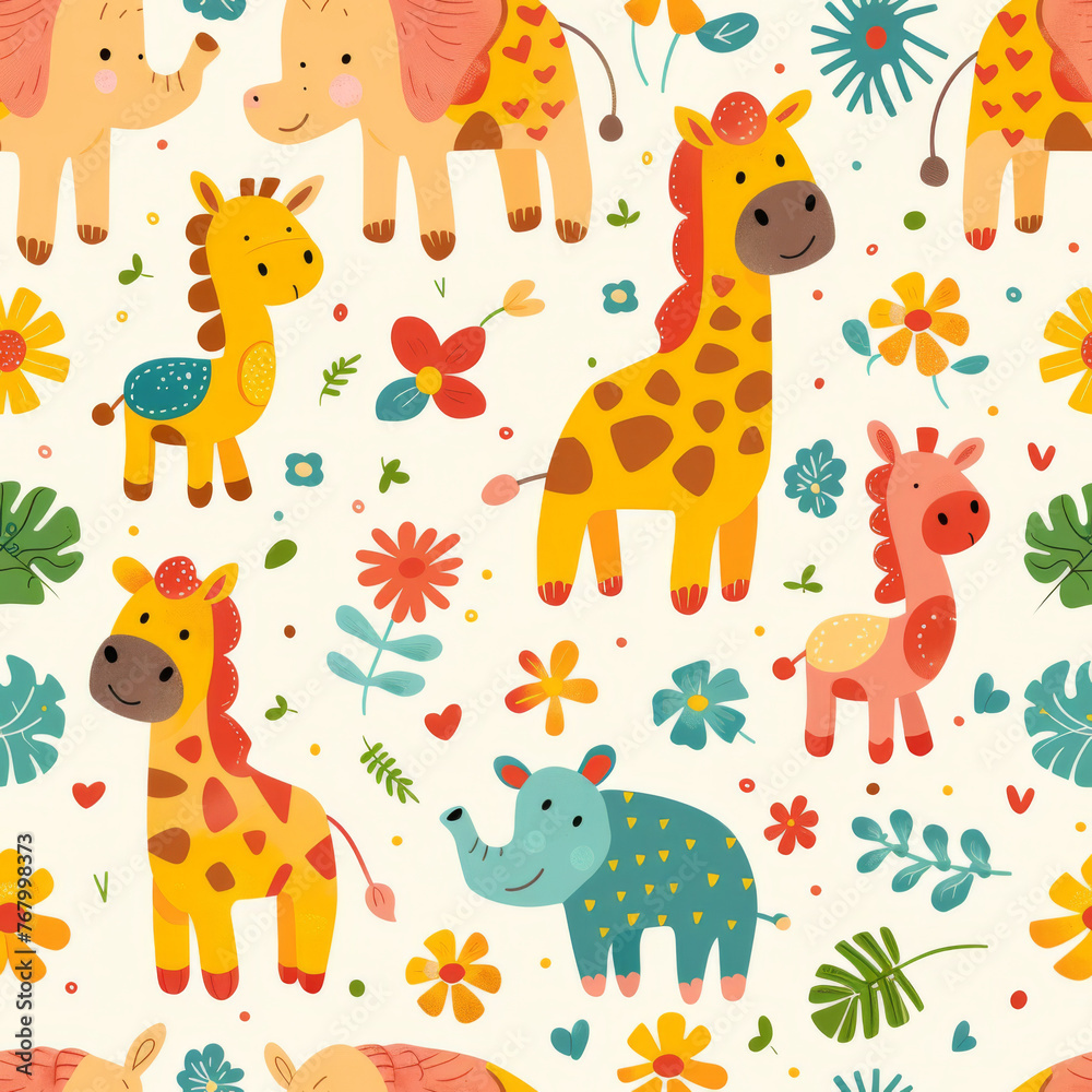 Naklejka premium Adorable safari animals with colorful flowers, perfect for nursery wallpaper or children's fabric prints.