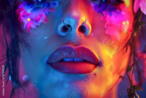 Surreal Portrait of Woman with Glowing Neon Lights and Exotic Flowers