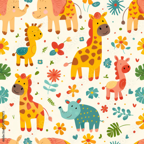 Adorable safari animals with colorful flowers, perfect for nursery wallpaper or children's fabric prints.