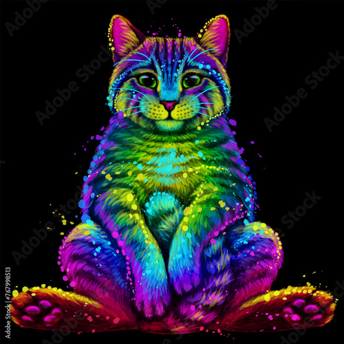 Abstract, multicolored portrait of a cat sitting on his ass in watercolor style on a black background. 