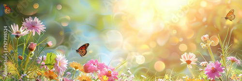 Beautiful spring meadow background with grass, flowers and butterflies on a sunny day. pink daisies and a purple butterfly in the sunlight. Spring concept banner design. Easter day. 