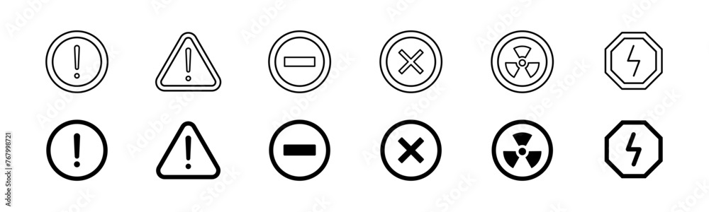 Obraz premium Warning icon set. Caution symbol. Round hazard icon. Line and glyph warning sign icon