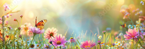 Beautiful spring meadow  background with grass, flowers and butterflies on a sunny day.  pink daisies and a purple butterfly in the sunlight. Spring concept banner design. Easter day.  © Planetz