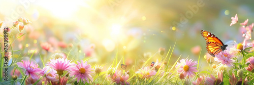 Beautiful spring meadow background with grass, flowers and butterflies on a sunny day. pink daisies and a purple butterfly in the sunlight. Spring concept banner design. Easter day. 