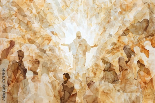 Jesus surrounded by the hungry masses, Jesus Feeds the Five Thousand simplicity and beauty of the miracle Christian Faith