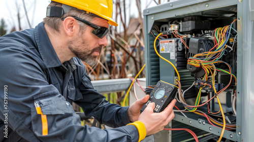 Outdoor Electrical Panel Inspection. A professional technician conducts a diagnostic test on an outdoor electrical panel using a multimeter. This image showcases safe and precise maintenance practices photo