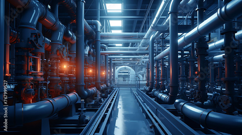 A network of pipes and valves in a large-scale industrial refinery.